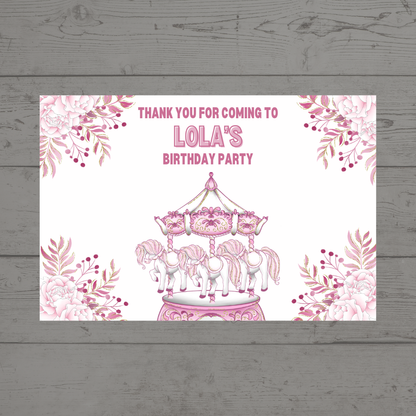 Rectangle Stickers | Floral Pink Horse Pony Carousel Party Stickers | Party Bag Stickers