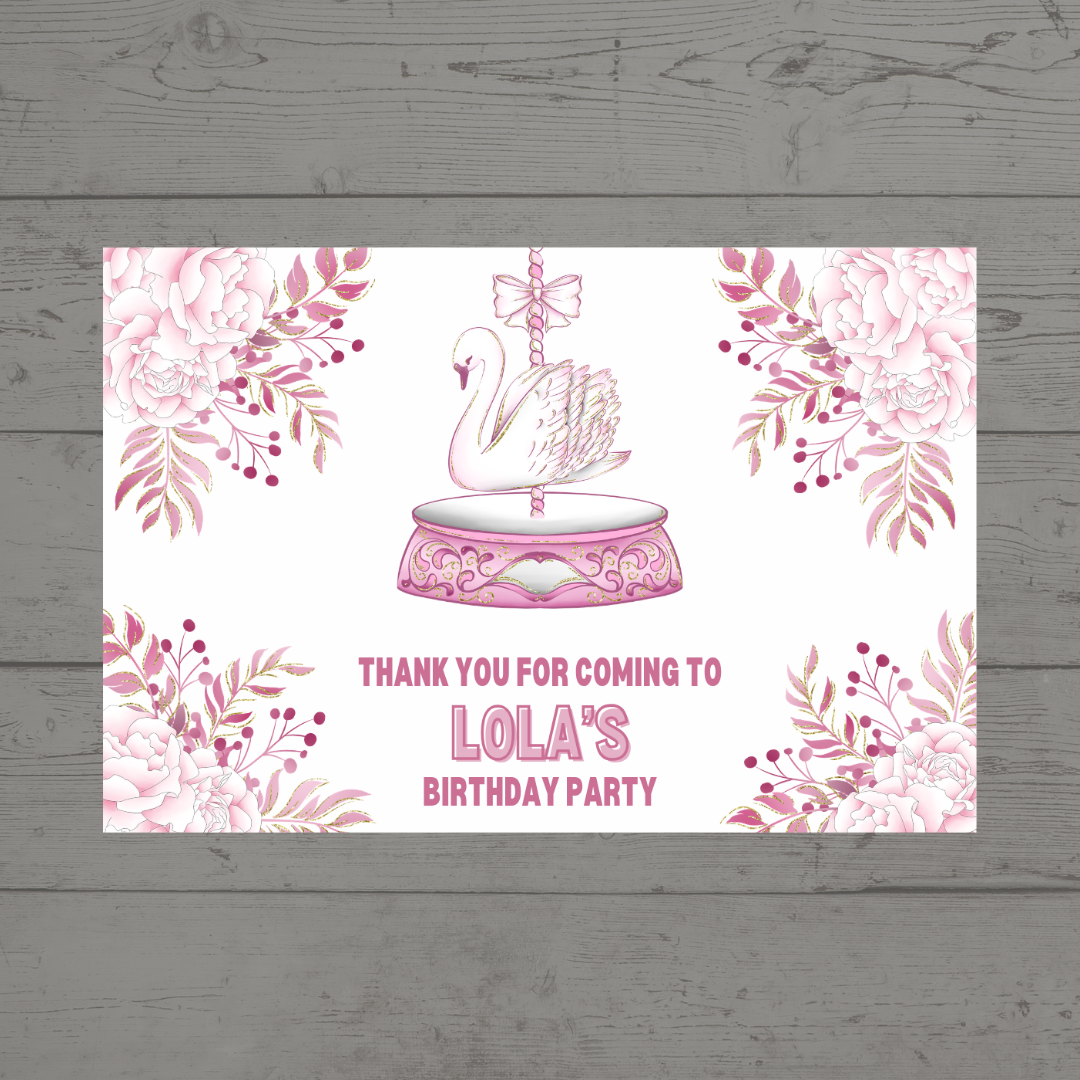 Rectangle Stickers | Floral Pink Swan Carousel Party Stickers | Party Bag Stickers