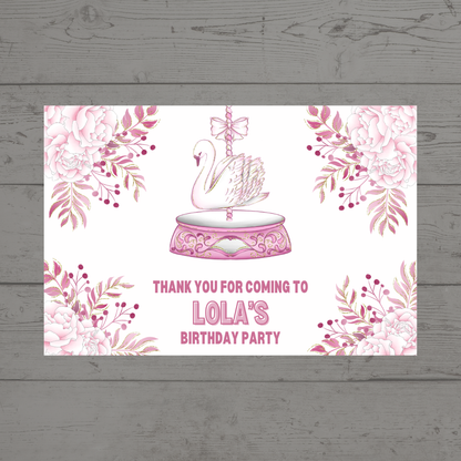 Rectangle Stickers | Floral Pink Swan Carousel Party Stickers | Party Bag Stickers