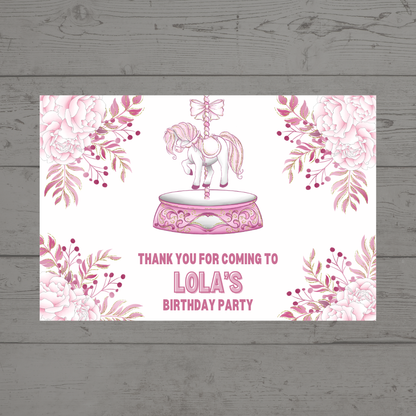 Rectangle Stickers | Floral Pink Horse Pony Carousel Party Stickers | Party Bag Stickers