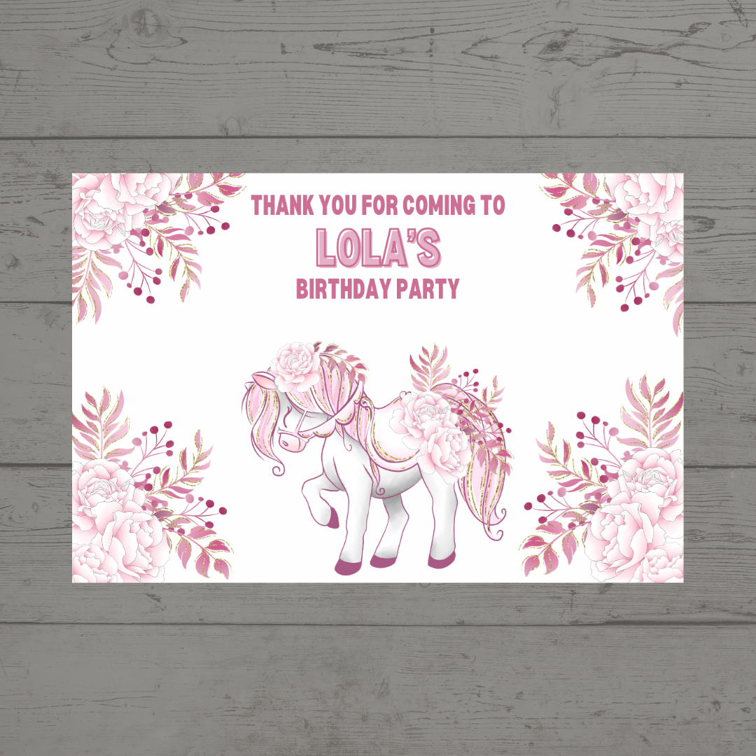 Rectangle Stickers | Floral Pink Horse Pony Carousel Party Stickers | Party Bag Stickers