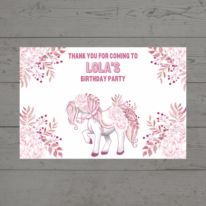 Rectangle Stickers | Floral Pink Horse Pony Carousel Party Stickers | Party Bag Stickers