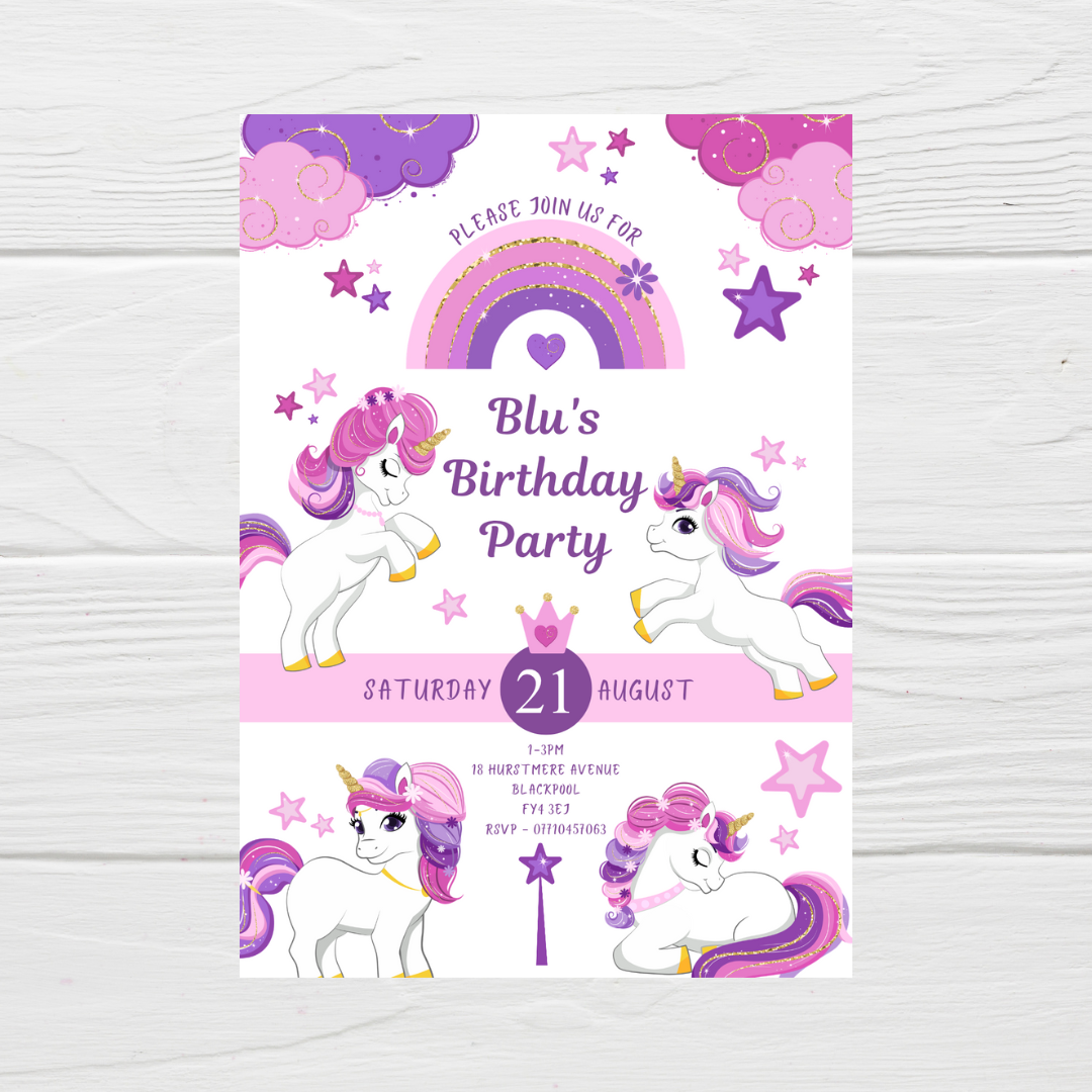 Unicorn Pink Purple Birthday Invitations | A6 Invites | Unicorn Theme Invitations | Party Invitations
