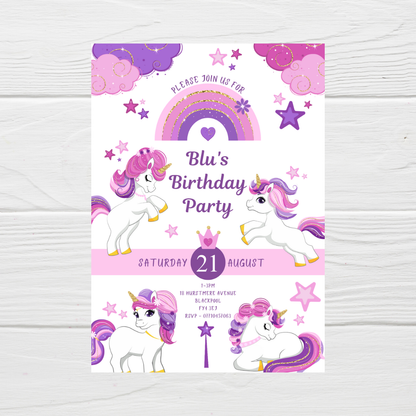 Unicorn Pink Purple Birthday Invitations | A6 Invites | Unicorn Theme Invitations | Party Invitations