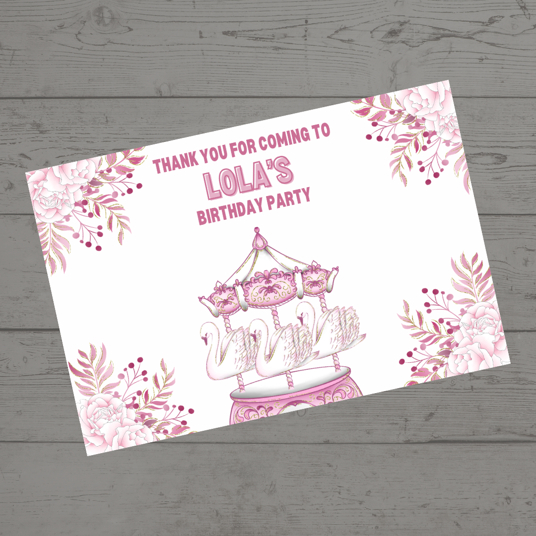 Rectangle Stickers | Floral Pink Swan Carousel Party Stickers | Party Bag Stickers