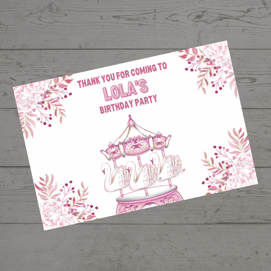 Rectangle Stickers | Floral Pink Swan Carousel Party Stickers | Party Bag Stickers