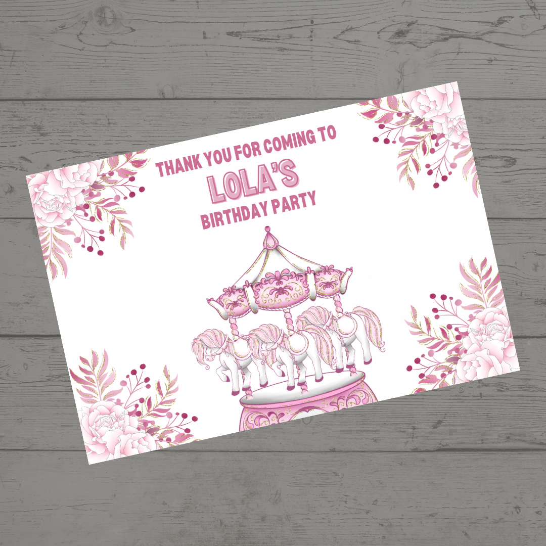 Rectangle Stickers | Floral Pink Horse Pony Carousel Party Stickers | Party Bag Stickers