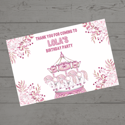 Rectangle Stickers | Floral Pink Horse Pony Carousel Party Stickers | Party Bag Stickers