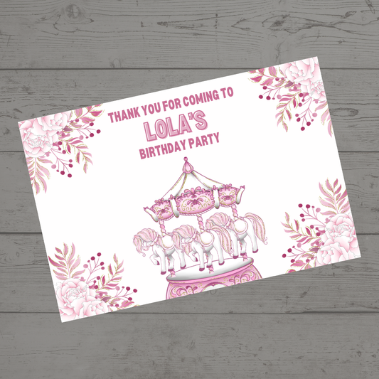 Rectangle Stickers | Floral Pink Horse Pony Carousel Party Stickers | Party Bag Stickers