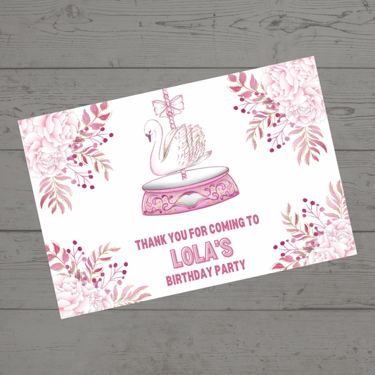 Rectangle Stickers | Floral Pink Swan Carousel Party Stickers | Party Bag Stickers