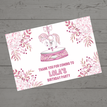 Rectangle Stickers | Floral Pink Horse Pony Carousel Party Stickers | Party Bag Stickers