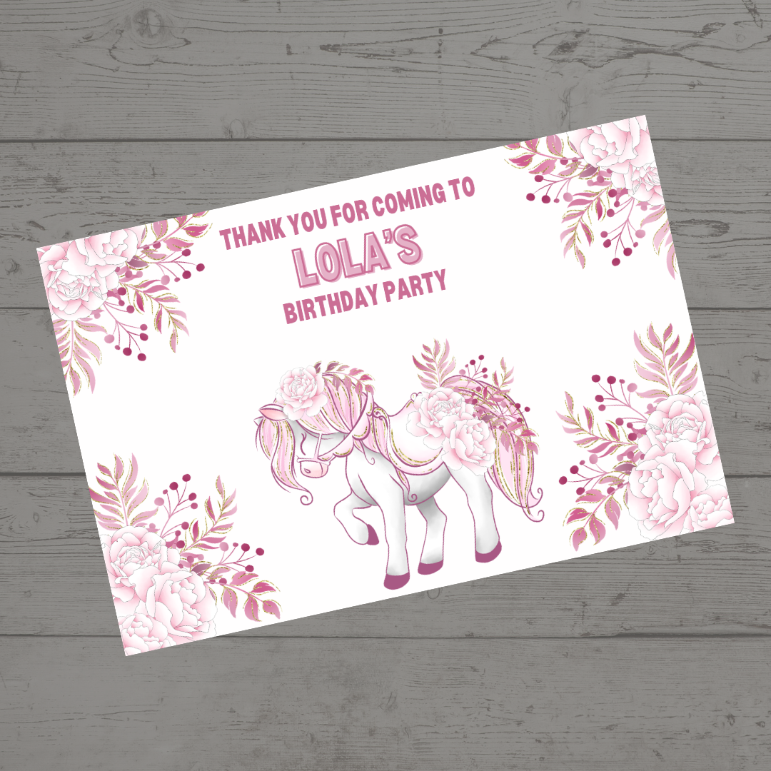 Rectangle Stickers | Floral Pink Horse Pony Carousel Party Stickers | Party Bag Stickers