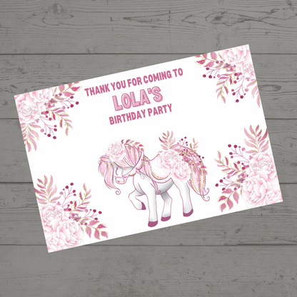 Rectangle Stickers | Floral Pink Horse Pony Carousel Party Stickers | Party Bag Stickers