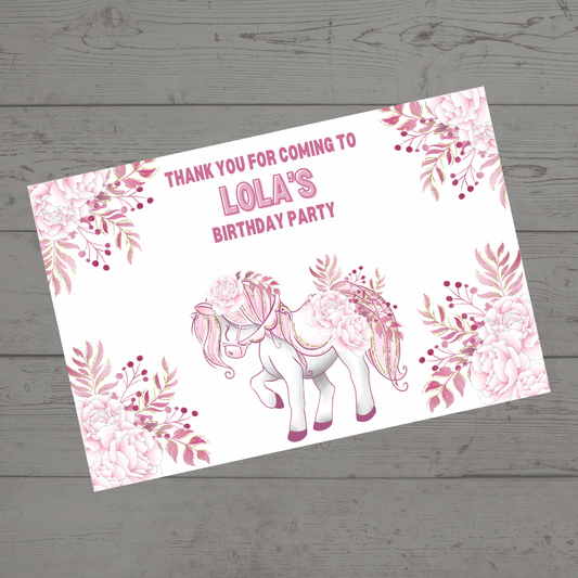 Rectangle Stickers | Floral Pink Horse Pony Carousel Party Stickers | Party Bag Stickers