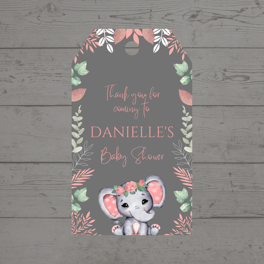 Gift Tags | Grey Coral Floral Elephant Gift Tags | Party Tags | Party Gift Tags | Grey Coral Floral Elephant Party Theme