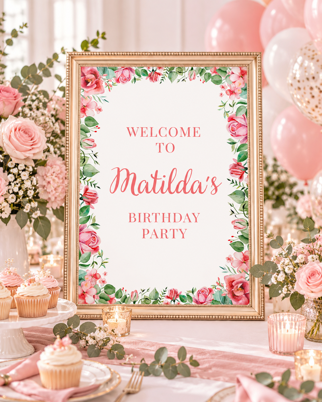 Fuchsia Pink Floral Roses Welcome Sign | Personalised Baby Shower, Birthday Party Table Print | Party Poster Sign | A4, A3 - Dinky Designs