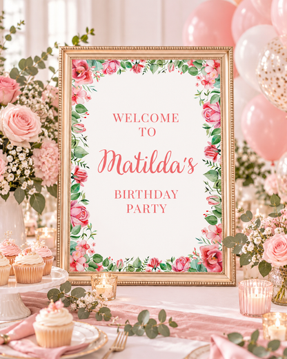Fuchsia Pink Floral Roses Welcome Sign | Personalised Baby Shower, Birthday Party Table Print | Party Poster Sign | A4, A3 - Dinky Designs