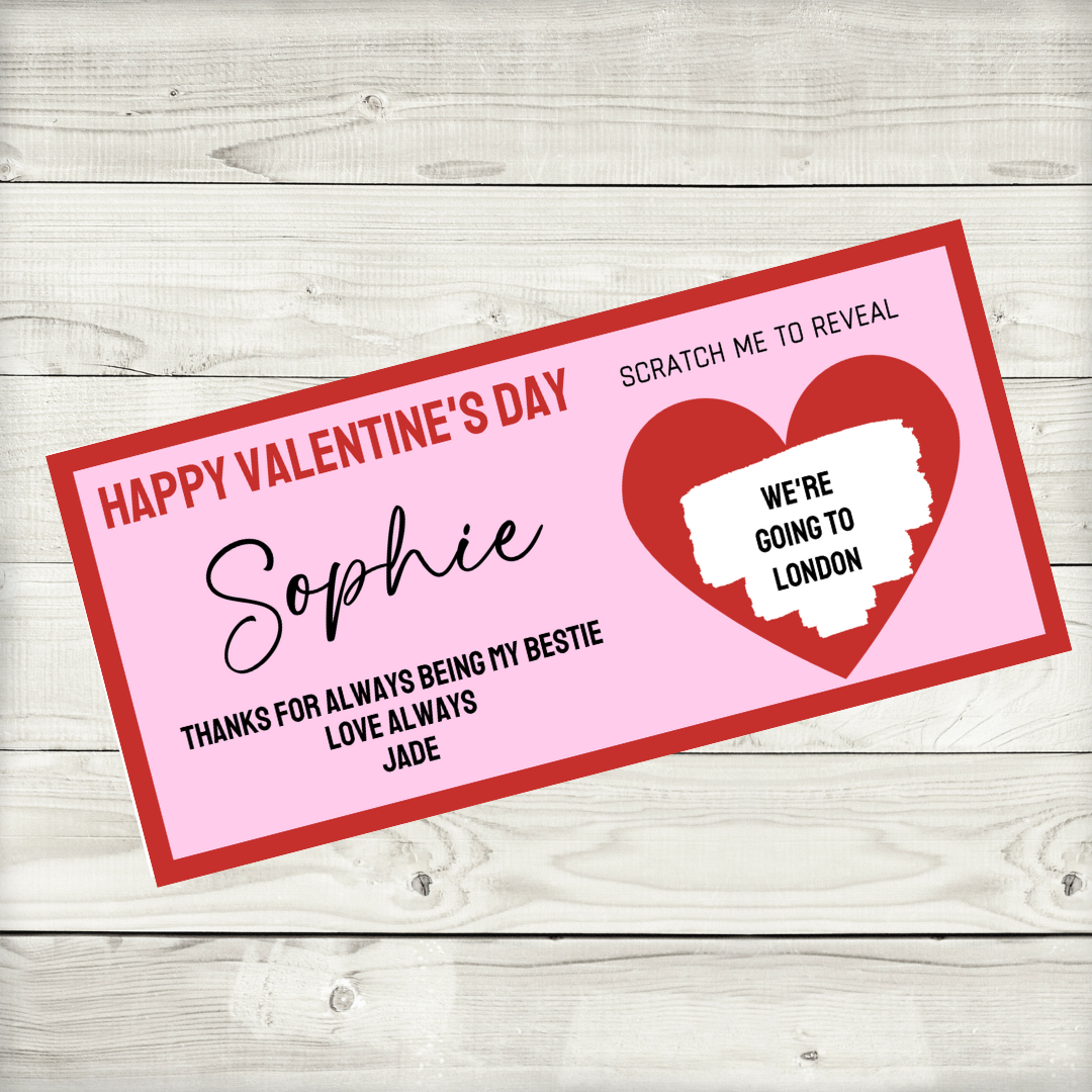 Red & Pink Surprise Valentine Ticket Print | Personalised Valentine Ticket | Valentine Scratch Reveal | Bestie, Best Friend Valentine | Gift Idea, Design 2