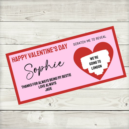 Red & Pink Surprise Valentine Ticket Print | Personalised Valentine Ticket | Valentine Scratch Reveal | Bestie, Best Friend Valentine | Gift Idea, Design 2