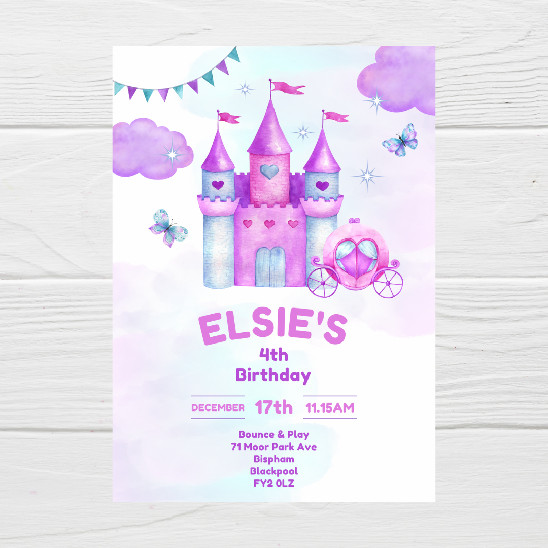 Princess Pink Purple Birthday Invitations | A6 Invites | Princess Theme Invitations | Party Invitations - Dinky Designs
