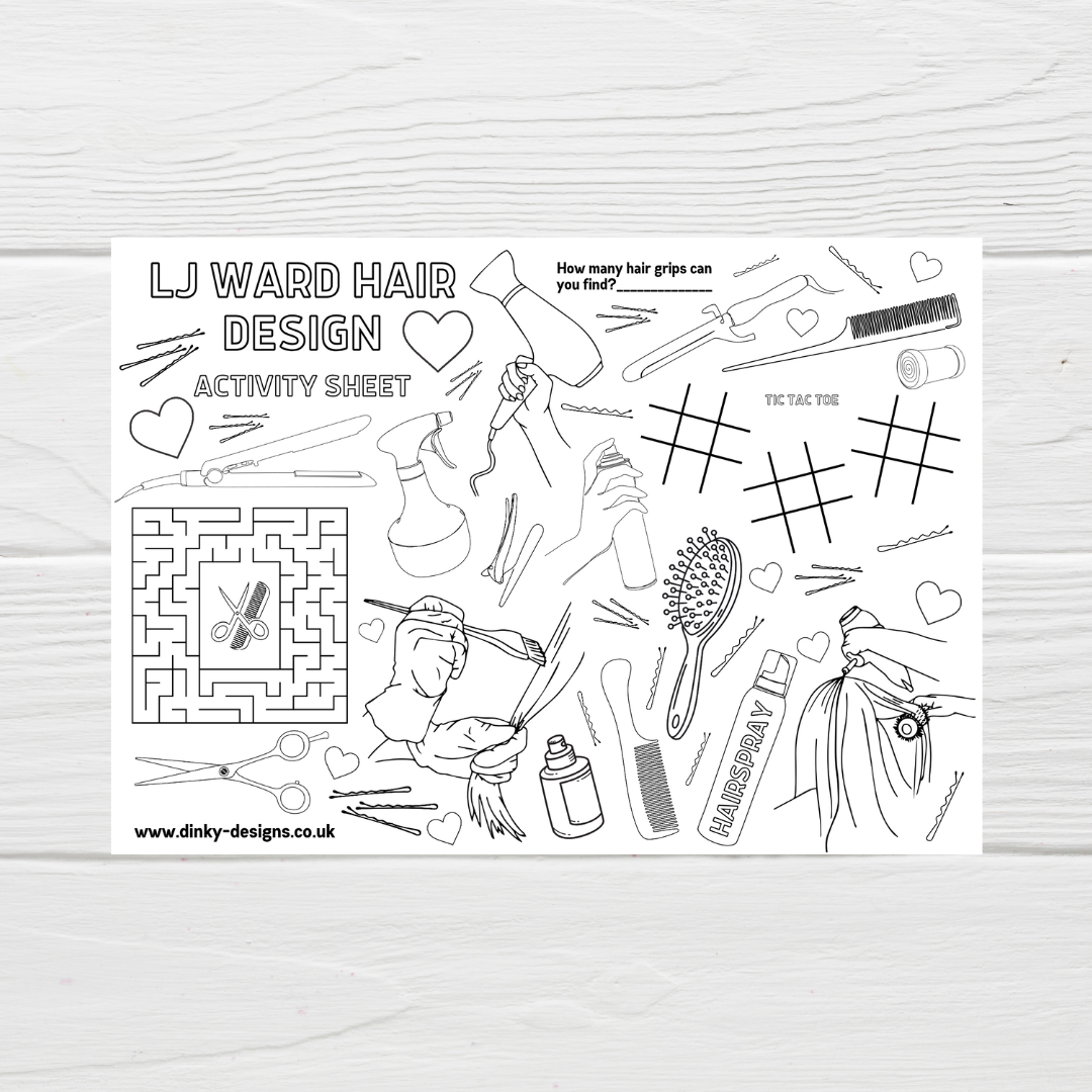 A4 Colouring Activity Sheets | Personalised Hairdresser Activity Sheets | Hair Salon Placemats - Dinky Designs