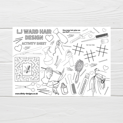 A4 Colouring Activity Sheets | Personalised Hairdresser Activity Sheets | Hair Salon Placemats - Dinky Designs
