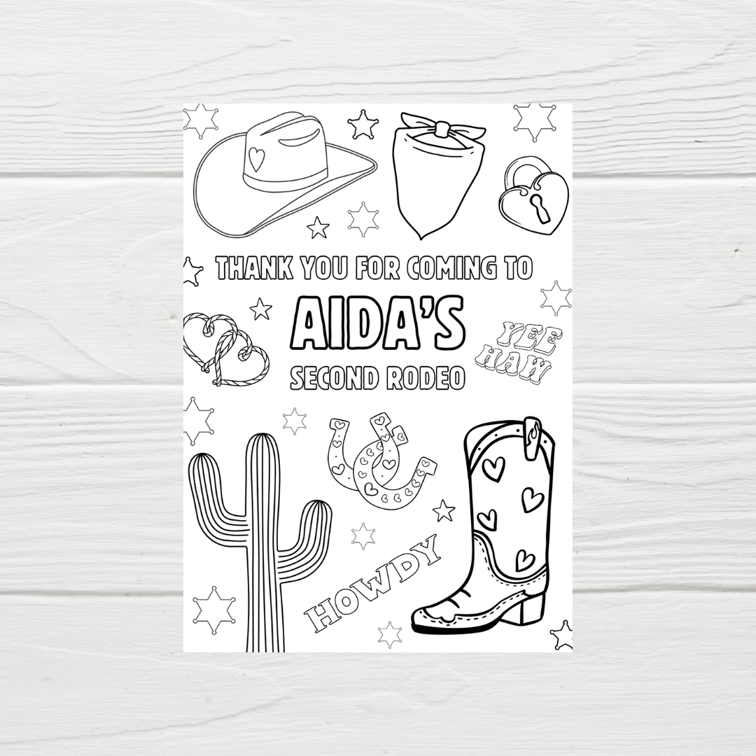 A6 Colouring Sheets | Personalised Cowgirl Rodeo Colouring Sheets | Party Bag Favours - Dinky Designs