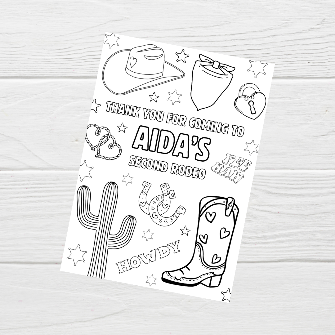 A6 Colouring Sheets | Personalised Cowgirl Rodeo Colouring Sheets | Party Bag Favours - Dinky Designs