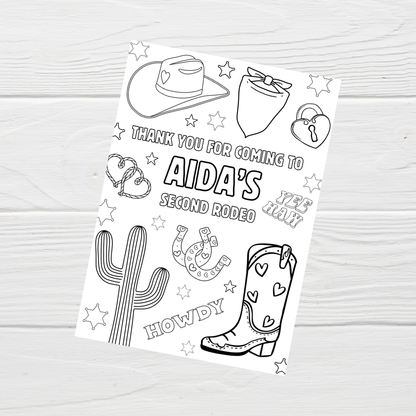 A6 Colouring Sheets | Personalised Cowgirl Rodeo Colouring Sheets | Party Bag Favours - Dinky Designs