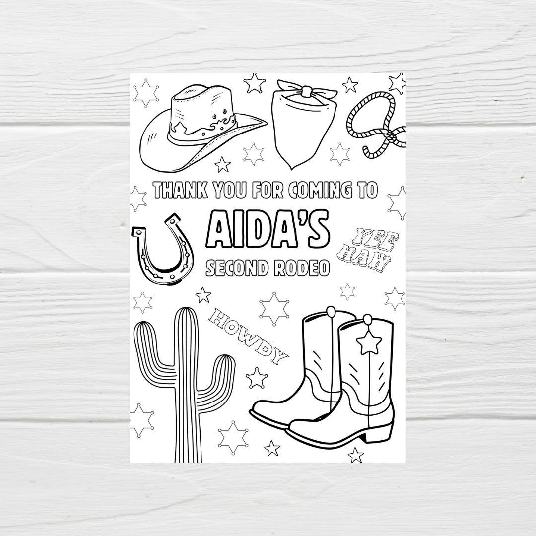 A6 Colouring Sheets | Personalised Cowboy Rodeo Colouring Sheets | Party Bag Favours - Dinky Designs