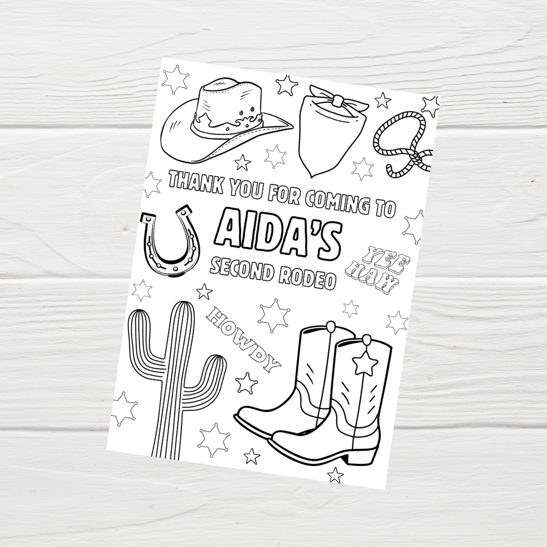 A6 Colouring Sheets | Personalised Cowboy Rodeo Colouring Sheets | Party Bag Favours - Dinky Designs