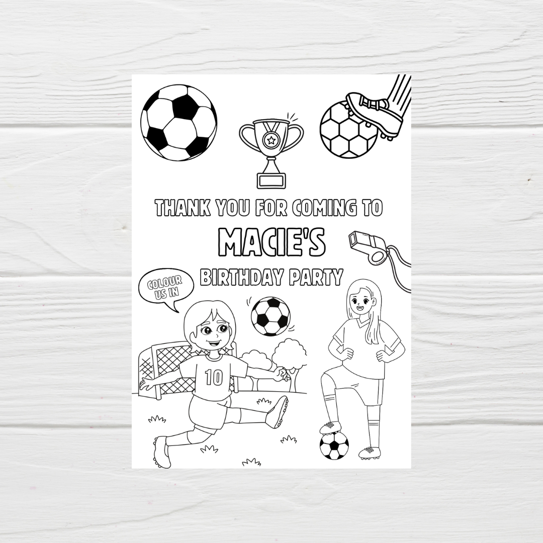 A6 Colouring Sheets | Personalised Girls Football Colouring Sheets | Party Bag Favours - Dinky Designs