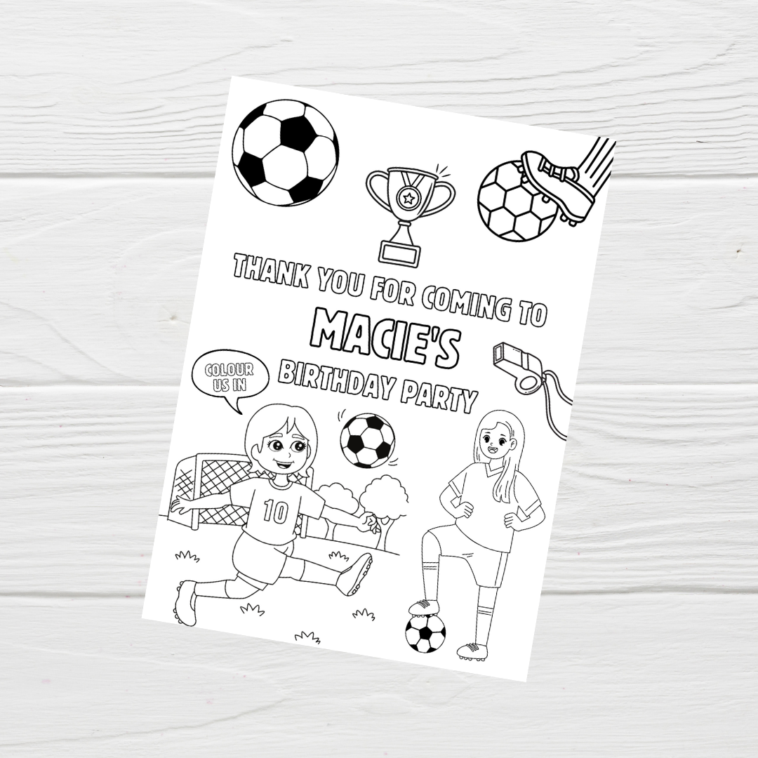 A6 Colouring Sheets | Personalised Girls Football Colouring Sheets | Party Bag Favours - Dinky Designs