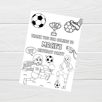A6 Colouring Sheets | Personalised Girls Football Colouring Sheets | Party Bag Favours - Dinky Designs