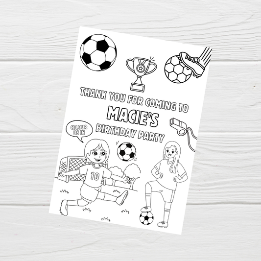 A6 Colouring Sheets | Personalised Girls Football Colouring Sheets | Party Bag Favours - Dinky Designs
