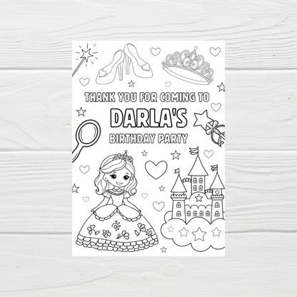 A6 Colouring Sheets | Personalised Princess Colouring Sheets | Party Bag Favours - Dinky Designs