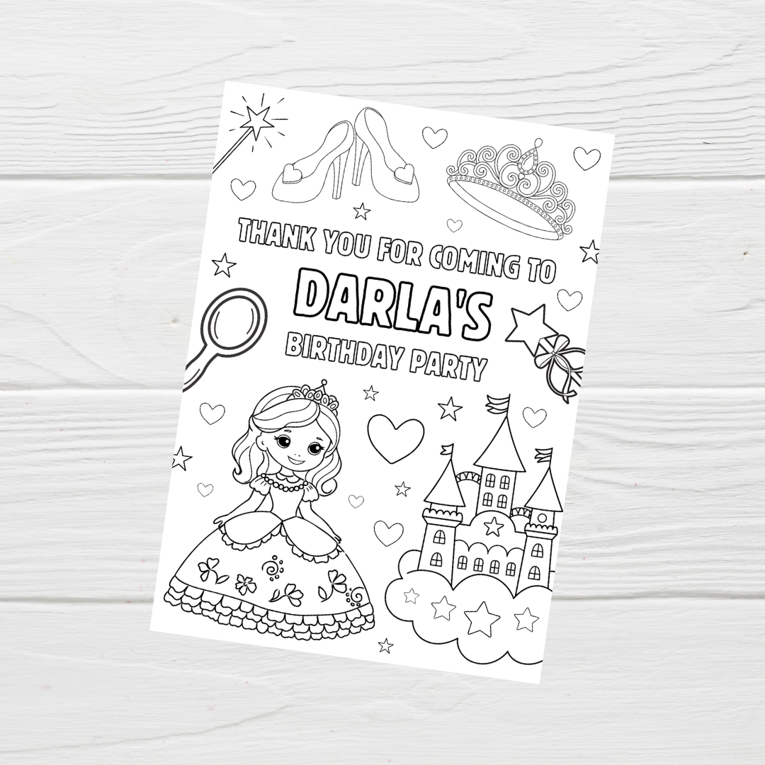 A6 Colouring Sheets | Personalised Princess Colouring Sheets | Party Bag Favours - Dinky Designs