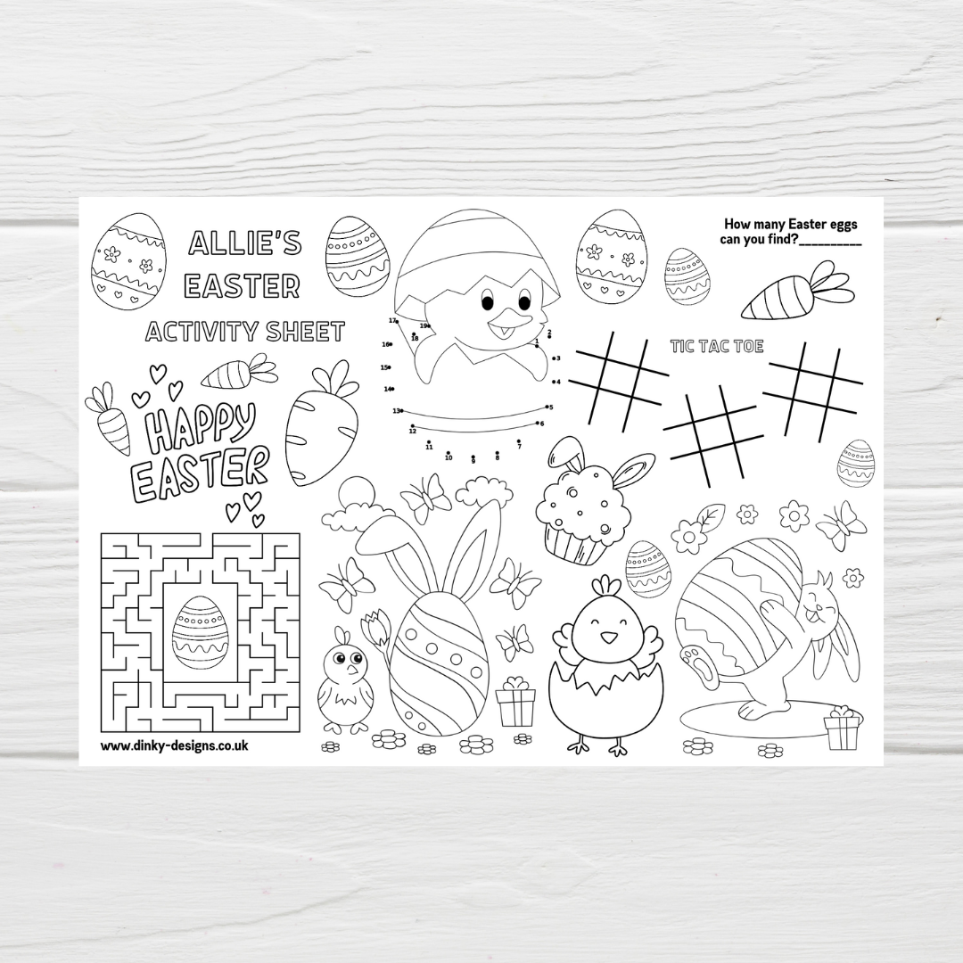 A4 Colouring Activity Sheets | Personalised Easter Activity Sheets | Easter Placemats - Dinky Designs