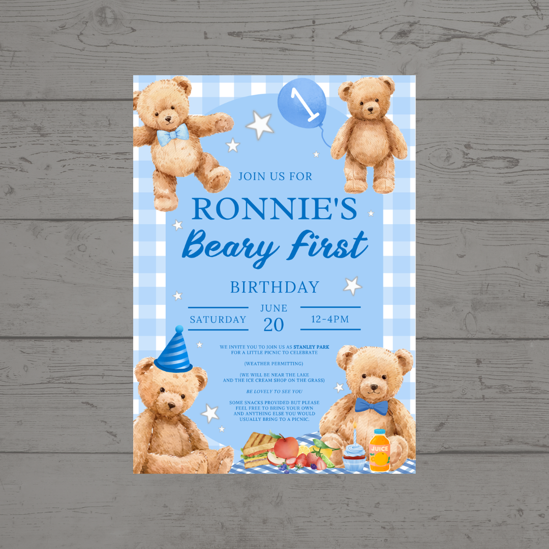 Blue Teddy Bear Picnic Invitations | A6 Invites | Teddy Bear Theme Invitations | Party Invitations