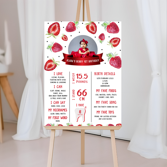 Personalised Strawberry Welcome Board Sign | Strawberry First Birthday Board | Birthday Party Sign | Strawberry Party Theme | A4, A3, A2