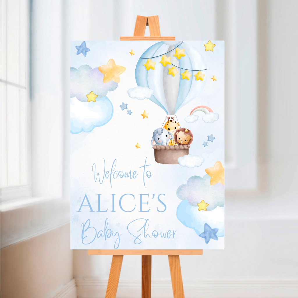 Pink OR Blue Safari Animal Hot Air Balloon Welcome Board Sign | Personalised Baby Shower, Birthday, Christening Party Board | Party Sign | A4, A3, A2, A1