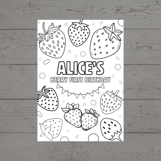 A6 Colouring Sheets | Personalised Strawberry Colouring Sheets | Party Bag Favours - Dinky Designs