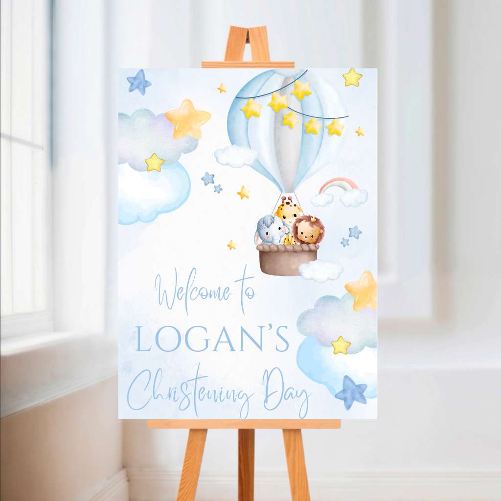 Pink OR Blue Safari Animal Hot Air Balloon Welcome Board Sign | Personalised Baby Shower, Birthday, Christening Party Board | Party Sign | A4, A3, A2, A1
