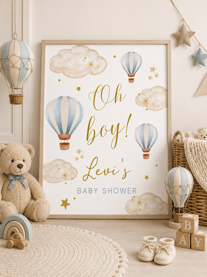 Blue Hot Air Balloon Baby Shower Welcome Print Sign | Personalised Baby Shower Print | Party Table Print | A4, A3