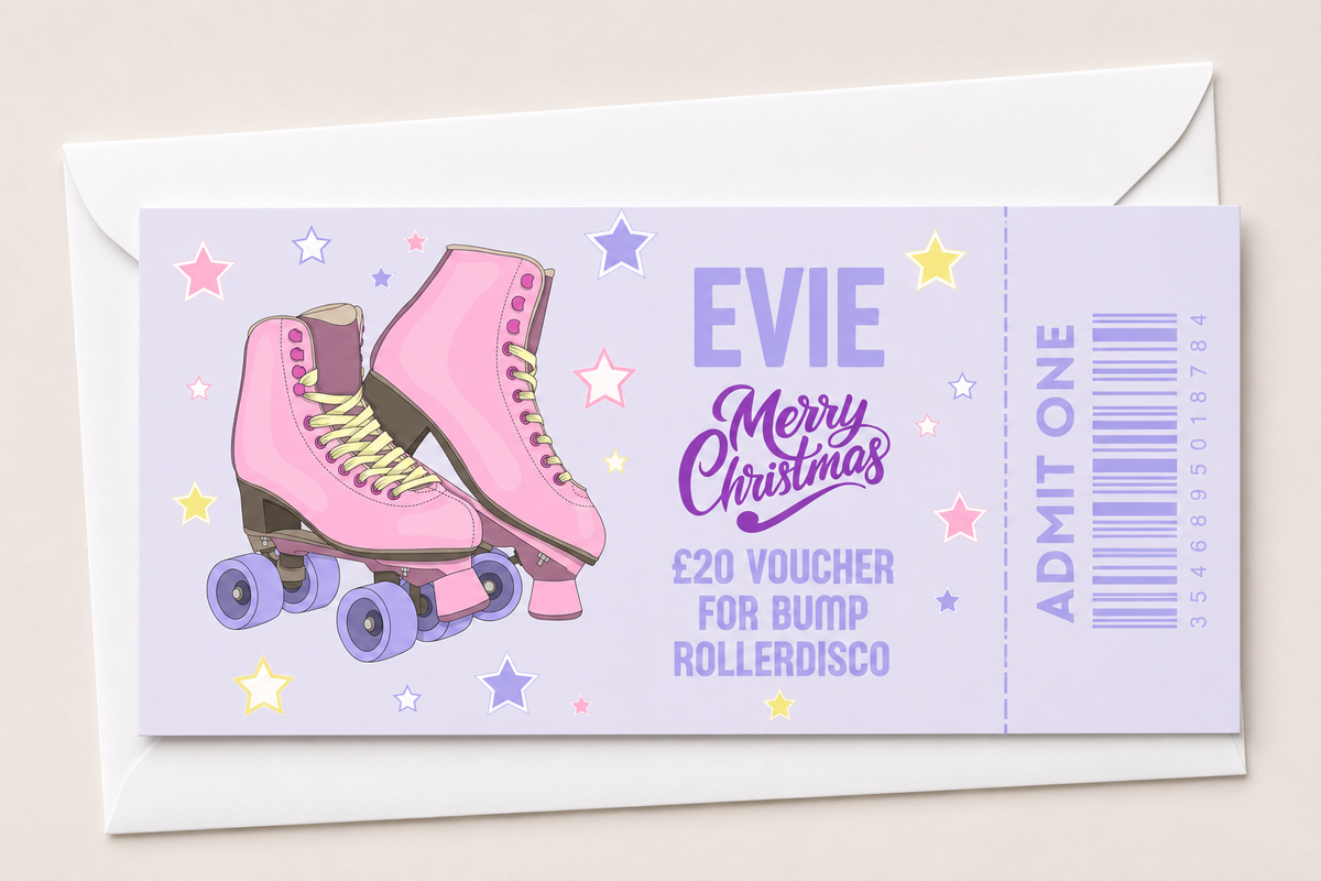Surprise Ticket Print | Personalised Pink & Purple Roller Skating Ticket Pass Voucher Membership | Gift Idea - Dinky Designs