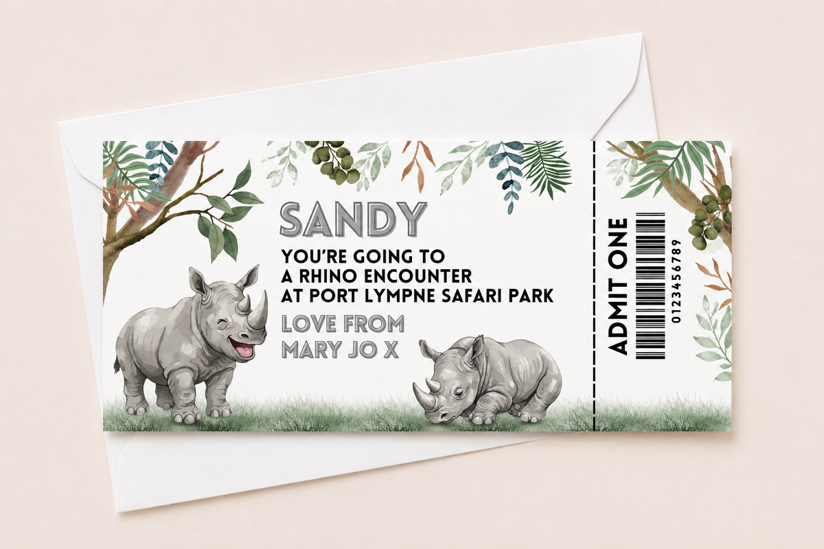 Surprise Ticket Print | Personalised Rhino Ticket Pass Voucher Membership | Gift Idea - Dinky Designs