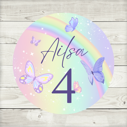 Rainbow Butterfly Party Circle Stickers | Baby Shower, Birthday Party Stickers | Rainbow Butterfly Party Bag Labels