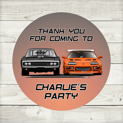 Black Orange Race Car Party Stickers | Various Sizes | Personalised Car Birthday Stickers