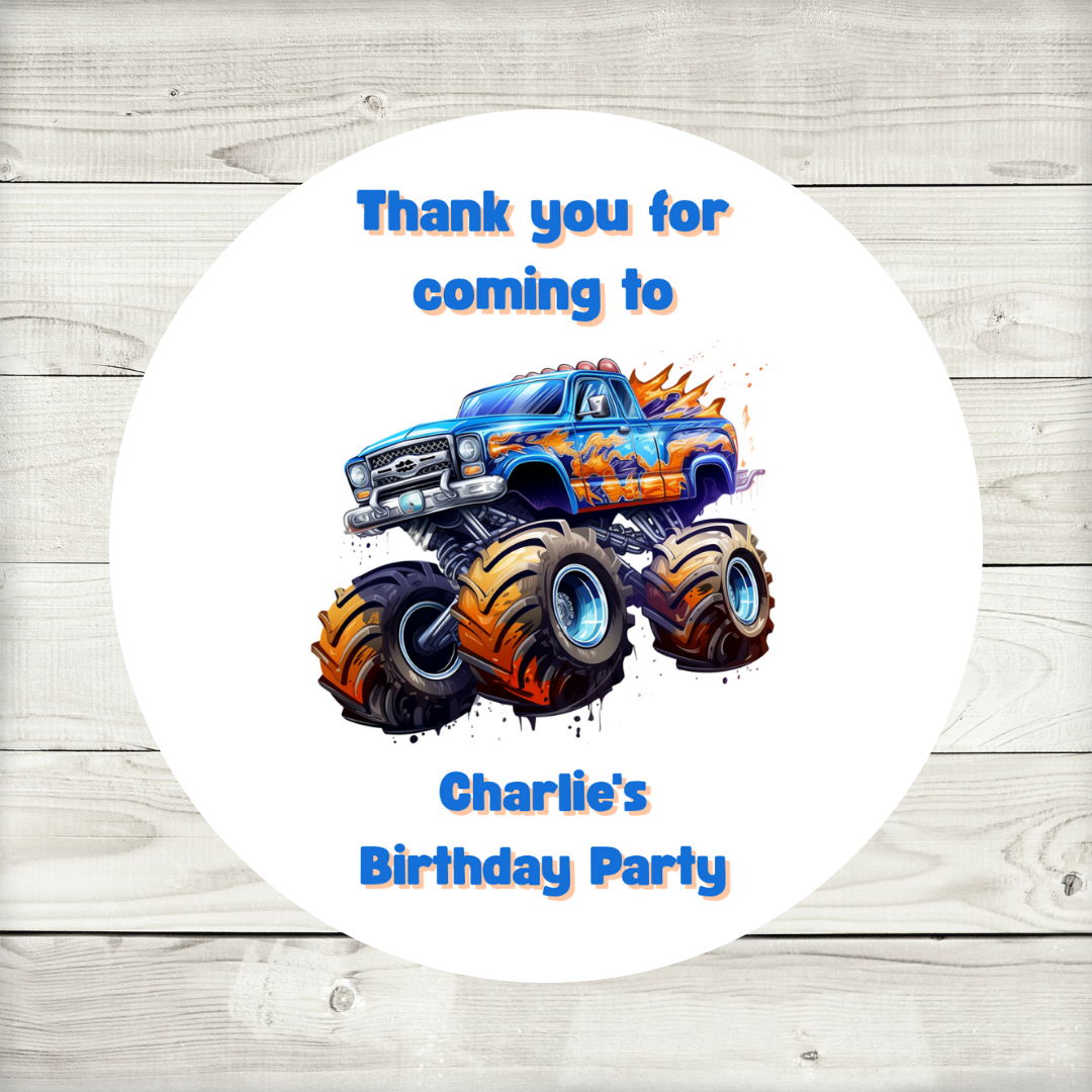 Monster Truck Party Stickers | Various Sizes | Personalised Monster Truck Birthday Stickers