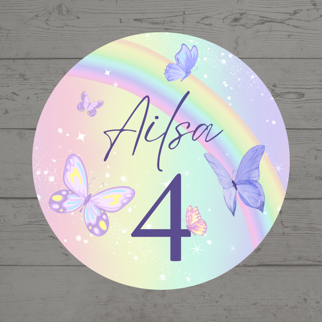 Rainbow Butterfly Party Circle Stickers | Baby Shower, Birthday Party Stickers | Rainbow Butterfly Party Bag Labels